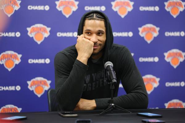 Josh Hart speaks with the media after Knicks practice on Sunday.