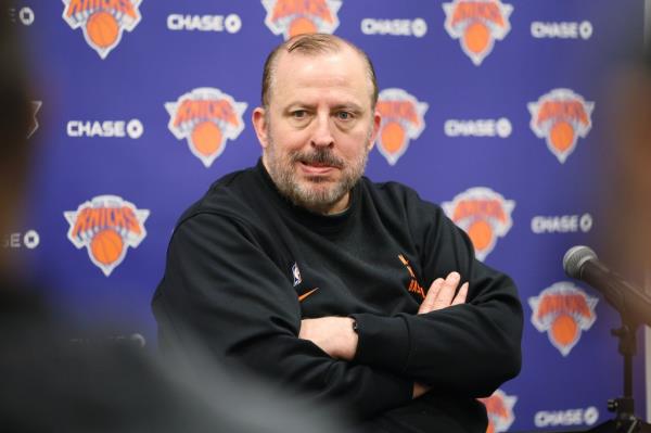 Knicks head coach Tom Thibodeau speaks to reporters at practice on May 5, 2024.