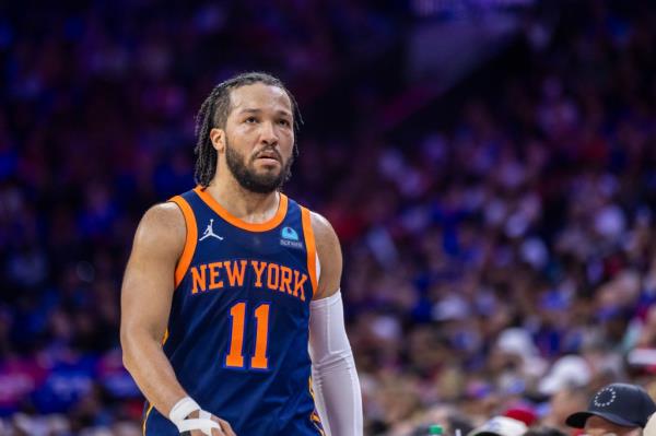 Jalen Brunson #11 of the New York Knicks reacts on the court in the first half of game 4 of the Eastern Co<em></em>nference first round at the Wells Fargo Center, Sunday, April 28, 2024, in Philadelphia, PA. 