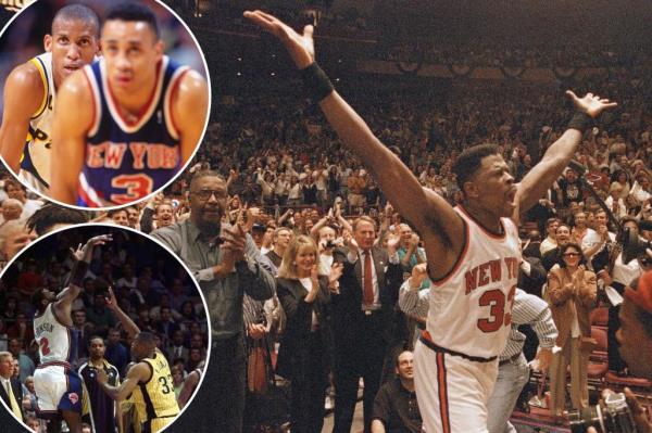 Larry Johnson hits a 3-pointer and is fouled on the play during Game 3 of the 1999 Eastern Co<em></em>nference Finals.