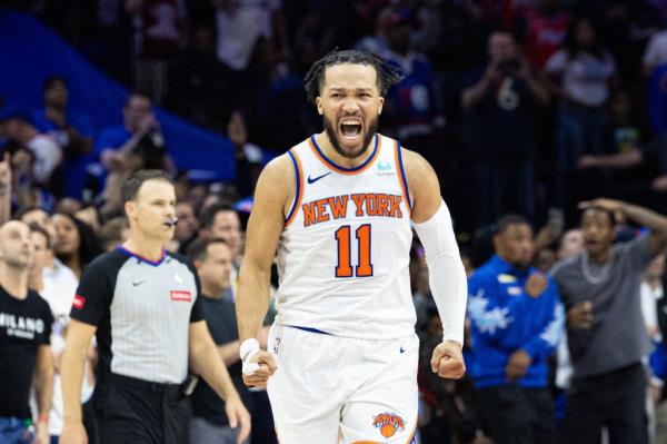 Knicks guard Jalen Brunson (11) reacts after a score against the Philadelphia 76ers during the second half of Game 6 of the first round for the 2024 NBA playoffs at Wells Fargo Center on May 2, 2024. 