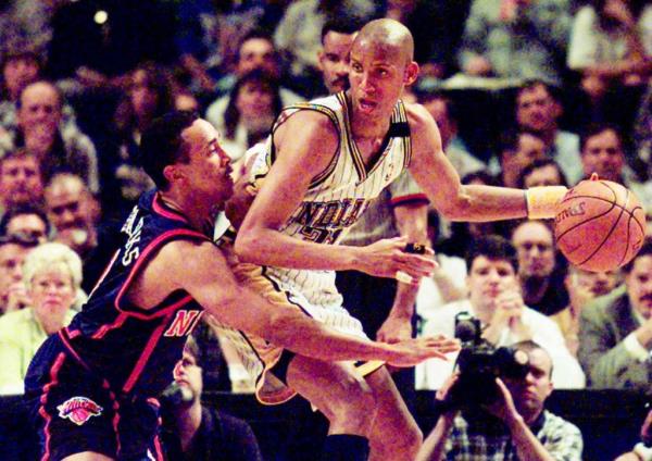 Reggie Miller, making a move on John Starks back in the day, was a Knicks' villain during their playoff battles.