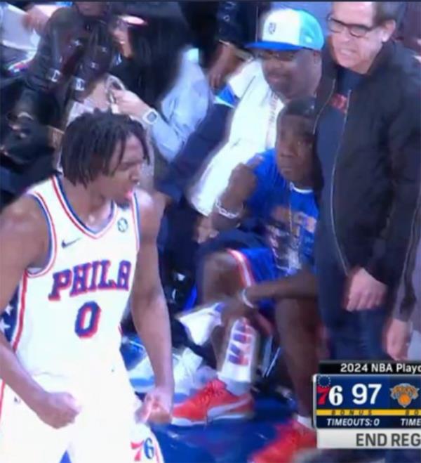 Tracy Morgan and Ben Stiller react after Sixers guard Tyrese Maxey hits a game-tying three-pointer at the end of regulation in Game 5 of the Knicks-Sixers first-round playoff series at Madison Square Garden April 3, 2024. 