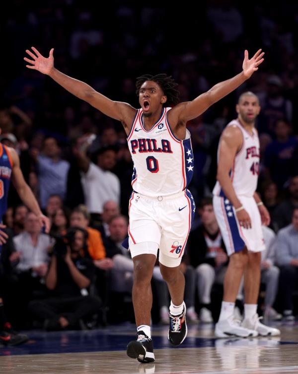 Tyrese Maxey #0 of the Philadelphia 76ers reacts in the fourth quarter against the New York Knicks  at Madison Square Garden on April 30, 2024 in New York City. 