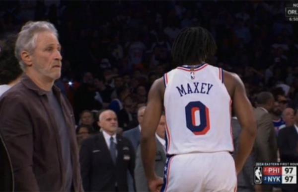 Comedian Jon Stewart poked fun at himself when his perplexed reaction to Tyrese  Maxey's game-tying three-pointer became a meme in Game 4 of the Knicks-Sixers first-round playoff series at Madison Square Garden April 30, 2024.  