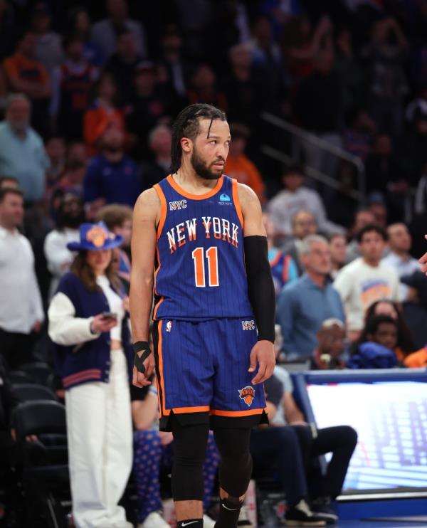 New York Knicks guard Jalen Brunson (11) reacts on the court in overtime. T