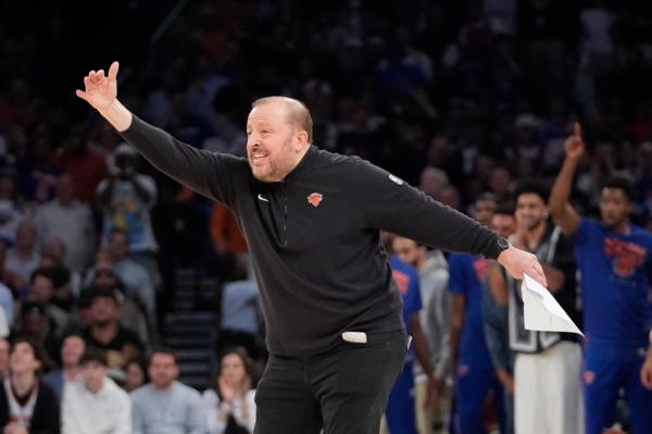 New York Knicks head coach Tom Thibodeau calls out to players during the first half of Game 5 in an NBA basketball first-round playoff series against the Philadelphia 76ers, Tuesday, April 30, 2024, in New York. 