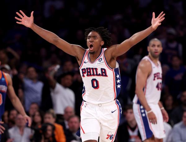 Tyrese Maxey celebrates during the fourth quarter after hitting one of his many big shots in the 76ers' OT win over the Knicks in Game 5.