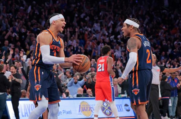 Knicks guard Josh Hart #3 reacts along side New York Knicks guard Miles McBride #2 at the end of the game.