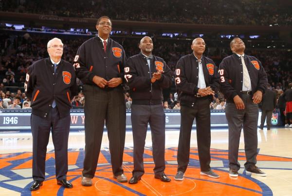 3/29/17 New York Knicks vs Miami Heat at Madison Square Garden: Knicks alumni (From L to R) Hubie Brown, Bill Cartwright, Roy Sparrow, Darrell Walker, and Bernard King are ho<em></em>nored during the first half of a game in 2017.