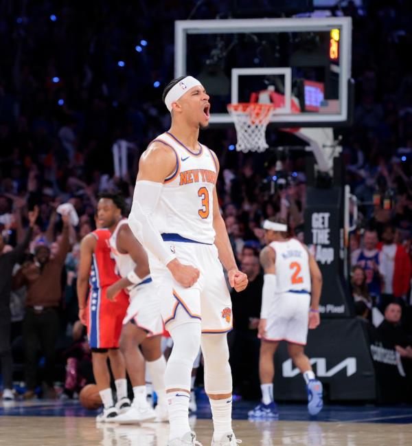 Josh Hart reacts after hitting a three-pointer in Game 1 at Madison Square Garden on April 20, 2024. 