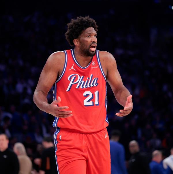 Joel Embiid reacts after he doesn't get a call during the first quarter of Game 2 vs. the Knicks on April 22, 2024.