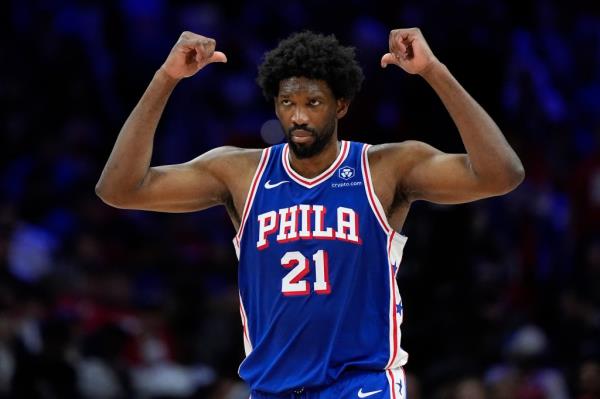 Joel Embiid of Philadelphia 76ers reacting during the second half of Game 3 in an NBA basketball first-round playoff against the New York Knicks