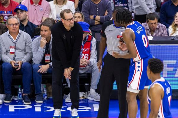 Philadelphia 76ers head coach Nick Nurse watches as Tyrese Maxey #0 of the Philadelphia 76ers reacts to a call during the second half of game 3 of the Eastern Co<em></em>nference first round at the Wells Fargo Center, Thursday, April 25, 2024, in Philadelphia, PA. 