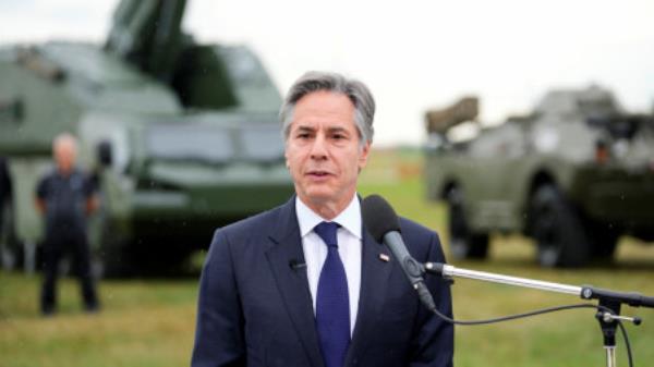 File Photo: US Secretary of State Antony Bl<em></em>inken speaks at a Czech Defense Capabilities event at Prague-Kbely Airport, in Prague, Czech Republic, May 30, 2024. Petr David Josek/Pool via REUTERS