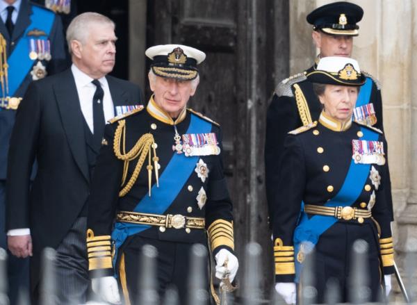 King Charles III, Anne, Princess Royal, Prince Andrew, Duke of York and Prince Edward, Earl of Wessex during the State Funeral of Queen Elizabeth II at Westminster Abbey on September 19, 2022 in London, England. 