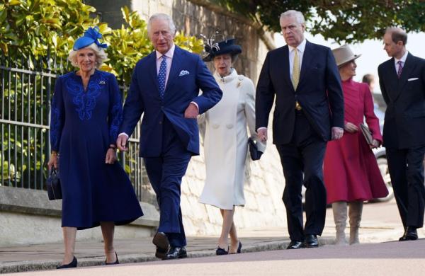 King Charles III (2L) and Britain's Camilla, Queen Co<em></em>nsort (L) walk with Britain's Princess Anne, Princess Royal (C), Britain's Prince Andrew, Duke of York (3R), Britain's Sophie, Duchess of Edinburgh (2R) and Britain's Prince Edward, Duke of Edinburgh as they arrive for the Easter Mattins Service at St. George's Chapel, Windsor Castle on April 9, 2023. 